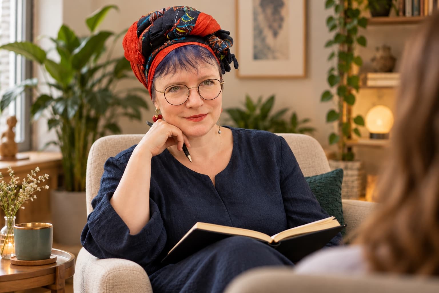 Therapist in a calm consulting room